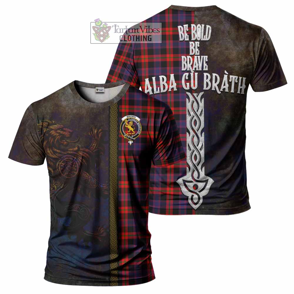 Tartan Vibes Clothing Brown (Broun) Tartan Family Crest T-Shirt Alba Gu Brath Be Brave Lion Ancient Style