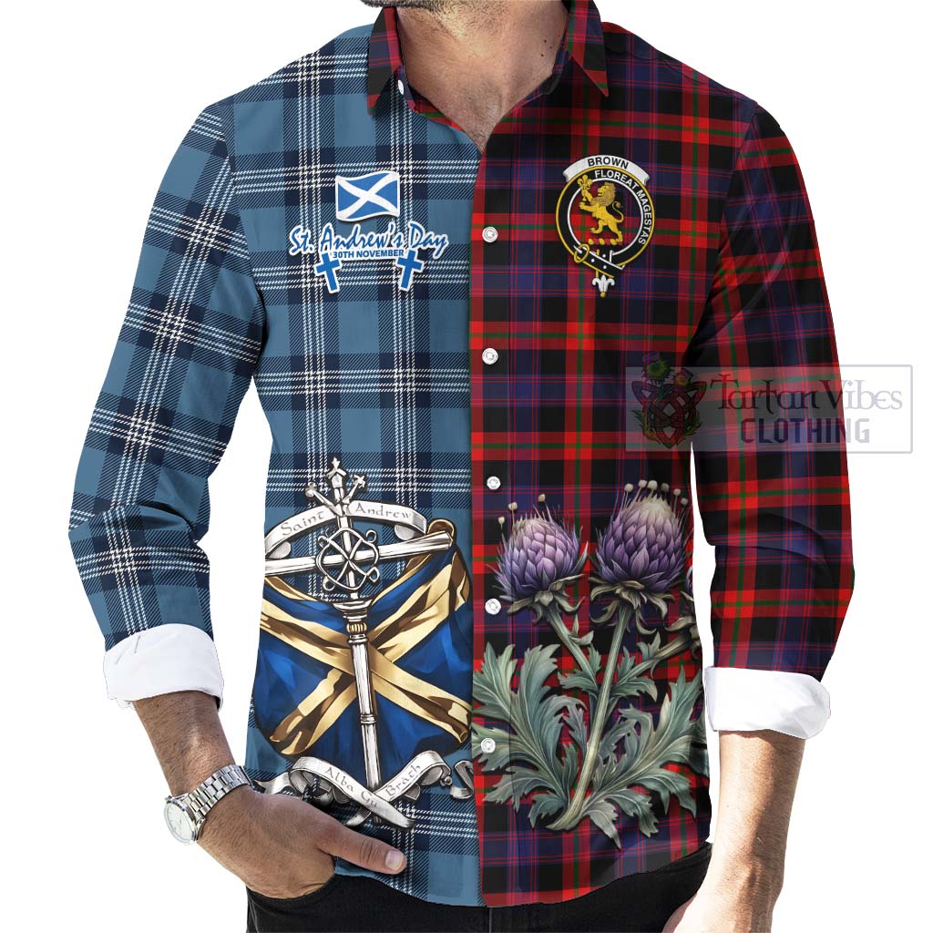 Tartan Vibes Clothing Brown (Broun) Tartan Long Sleeve Button Shirt Happy St. Andrew's Day Half Tartan Style