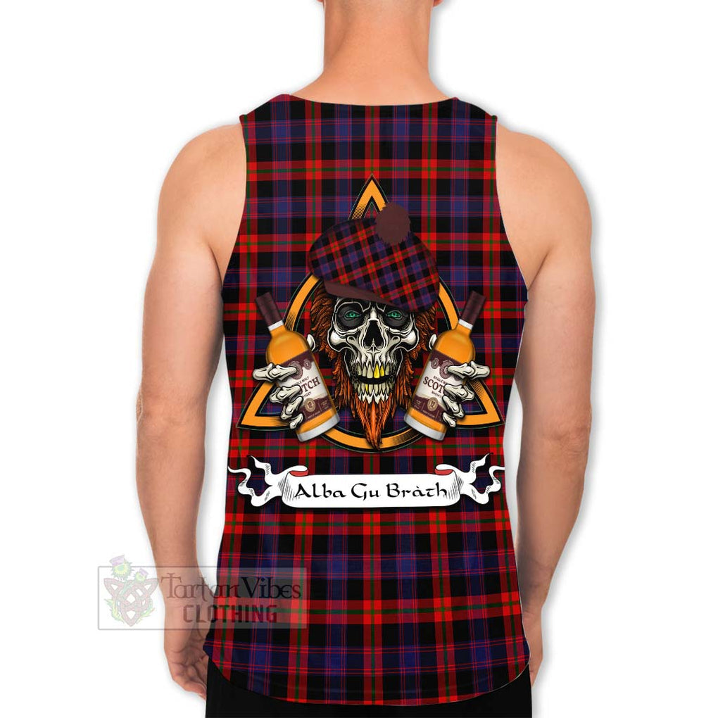 Tartan Vibes Clothing Brown (Broun) Tartan Men's Tank Top with Family Crest and Bearded Skull Holding Bottles of Whiskey