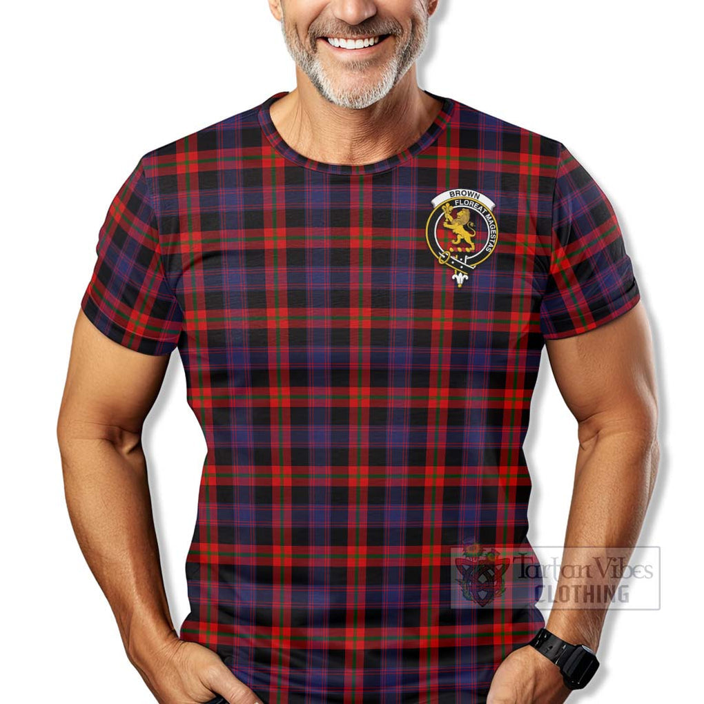 Tartan Vibes Clothing Brown (Broun) Tartan T-Shirt with Family Crest Celtic Skull Style