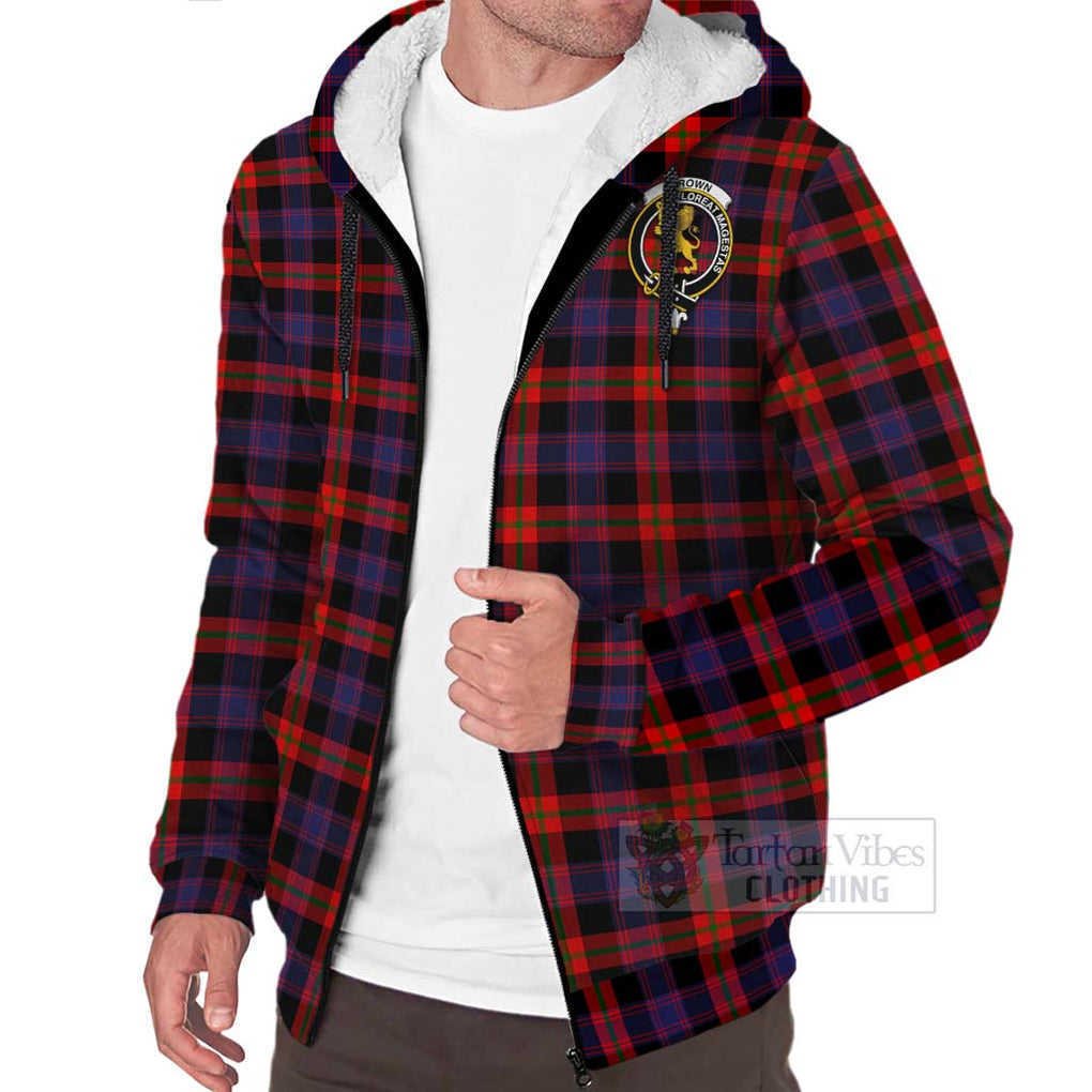 Tartan Vibes Clothing Brown (Broun) Tartan Sherpa Hoodie with Family Crest and Bearded Skull Holding Bottles of Whiskey