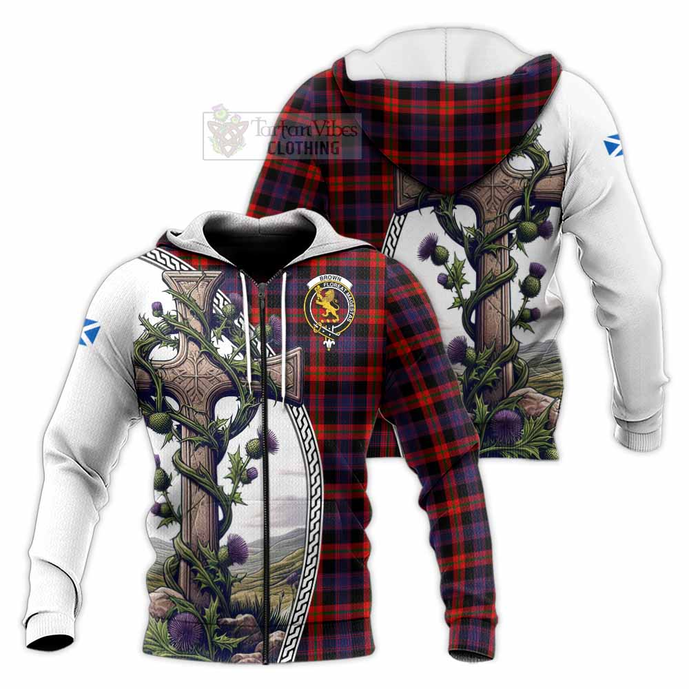 Tartan Vibes Clothing Brown (Broun) Tartan Knitted Hoodie with Family Crest and St. Andrew's Cross Accented by Thistle Vines