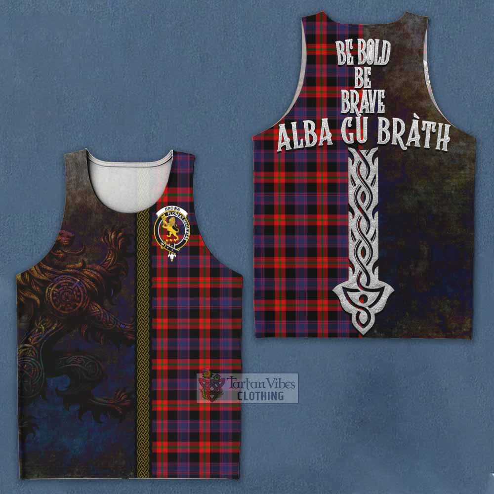 Tartan Vibes Clothing Brown (Broun) Tartan Family Crest Men's Tank Top Alba Gu Brath Be Brave Lion Ancient Style