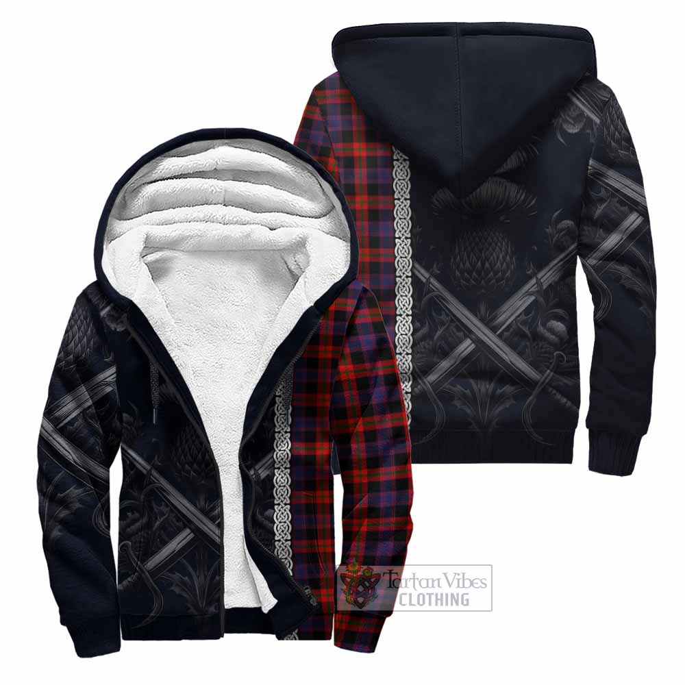 Tartan Vibes Clothing Brown (Broun) Tartan Sherpa Hoodie with Family Crest Cross Sword Thistle Celtic Vibes