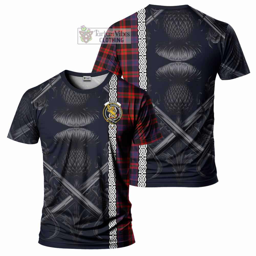 Tartan Vibes Clothing Brown (Broun) Tartan T-Shirt with Family Crest Cross Sword Thistle Celtic Vibes