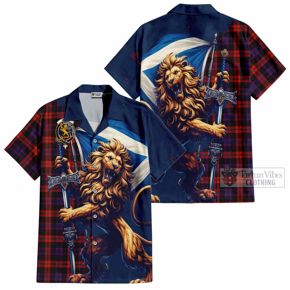 Tartan Vibes Clothing Brown (Broun) Tartan Family Crest Short Sleeve Button Shirt with Scottish Majestic Lion