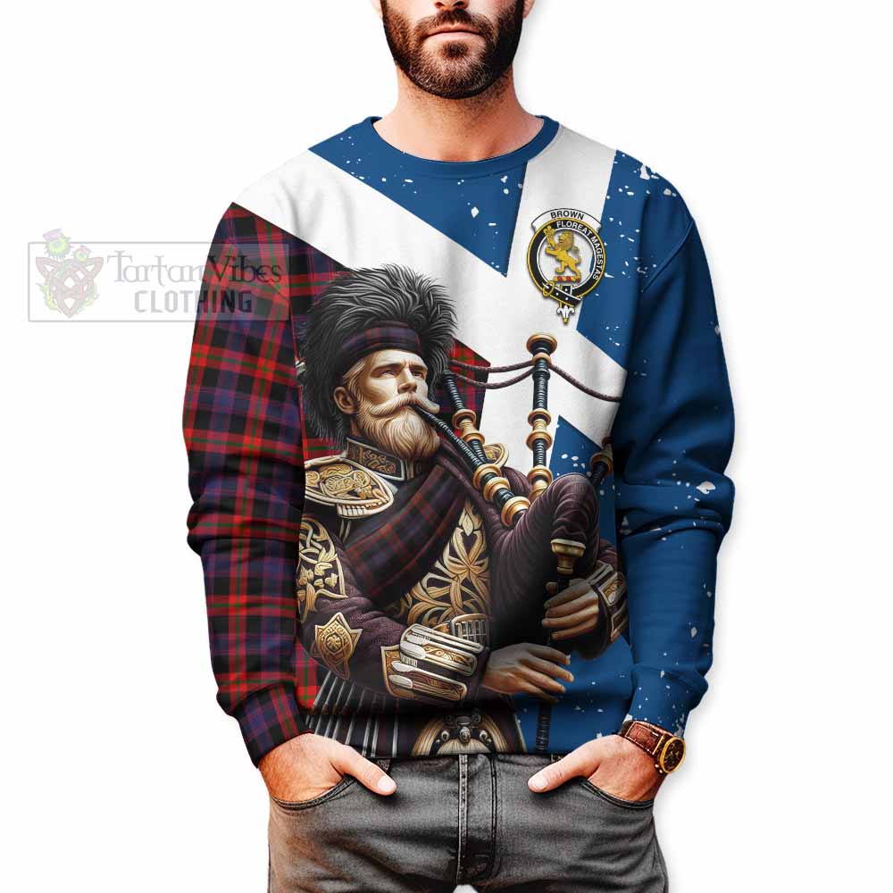 Tartan Vibes Clothing Brown (Broun) Tartan Sweatshirt with Family Crest Scottish Bagpiper Vibes