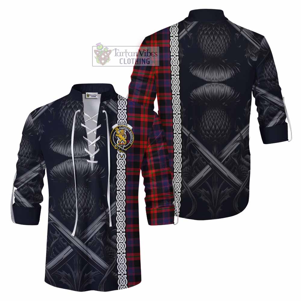 Tartan Vibes Clothing Brown (Broun) Tartan Ghillie Kilt Shirt with Family Crest Cross Sword Thistle Celtic Vibes