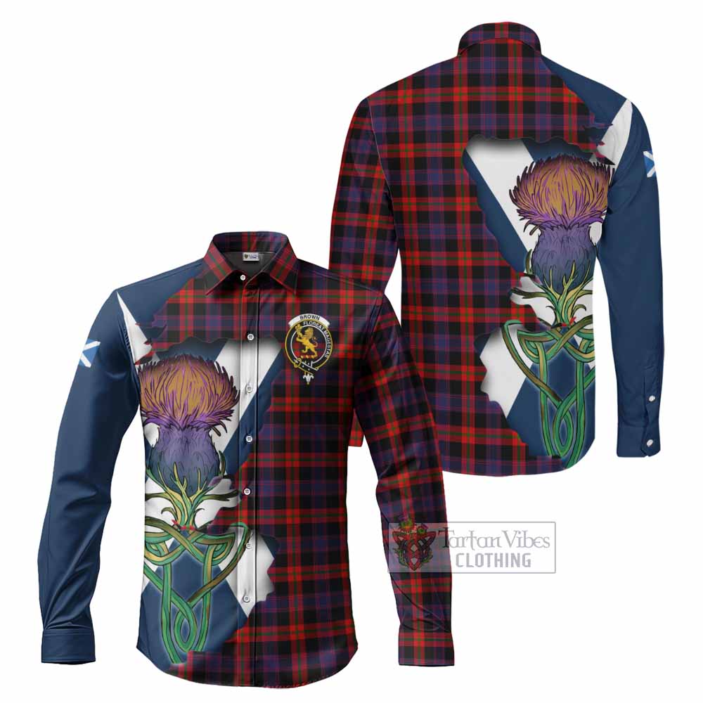 Tartan Vibes Clothing Brown (Broun) Tartan Family Crest Long Sleeve Button Shirt Scottish Thistle Celtic Inspired