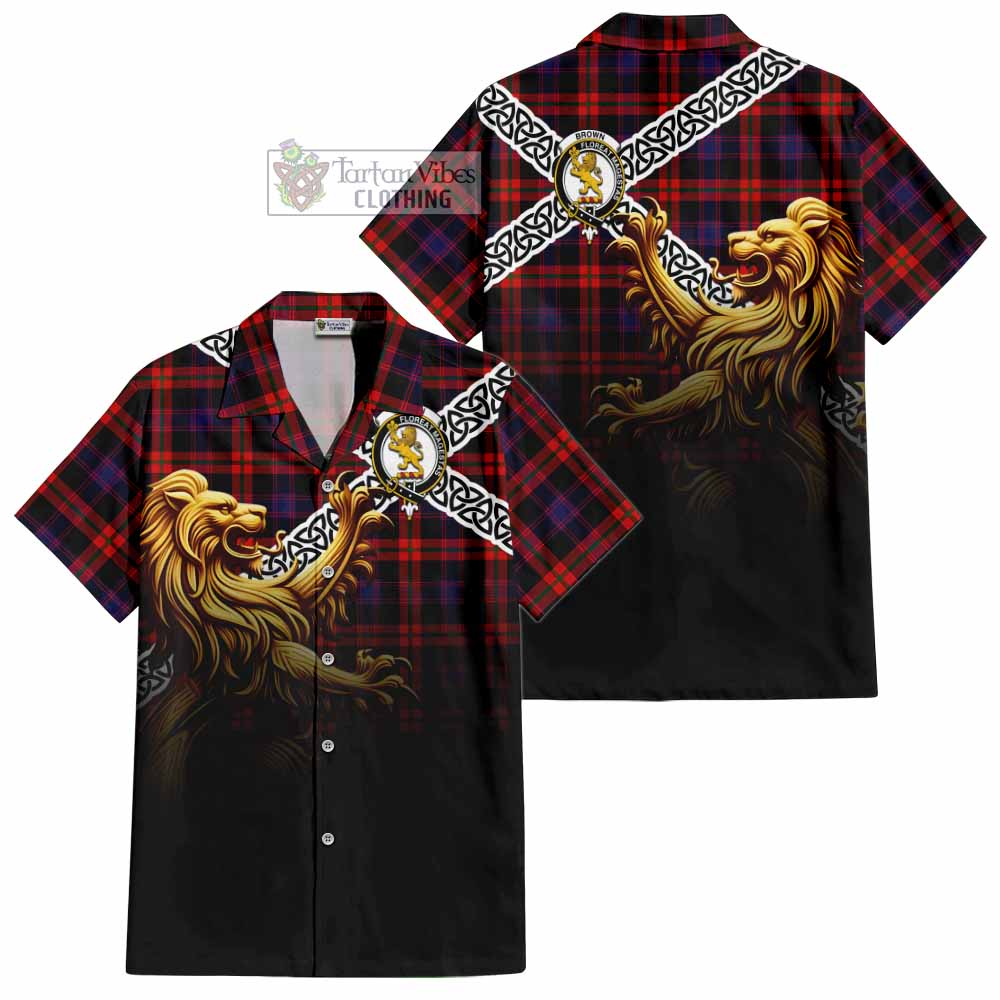 Tartan Vibes Clothing Brown (Broun) Crest Tartan Short Sleeve Button Shirt with Golden Lion Emblem Celtic Style