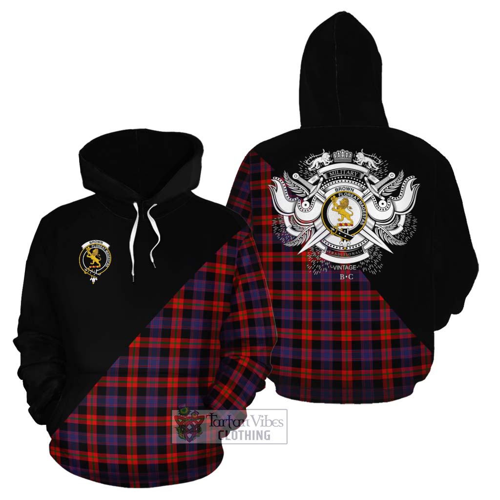 Tartan Vibes Clothing Brown (Broun) Tartan Cotton Hoodie with Family Crest and Military Logo Style