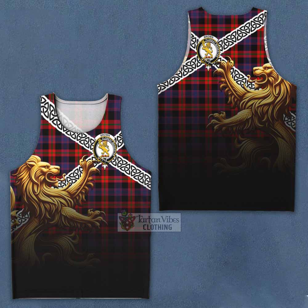 Tartan Vibes Clothing Brown (Broun) Crest Tartan Men's Tank Top with Golden Lion Emblem Celtic Style