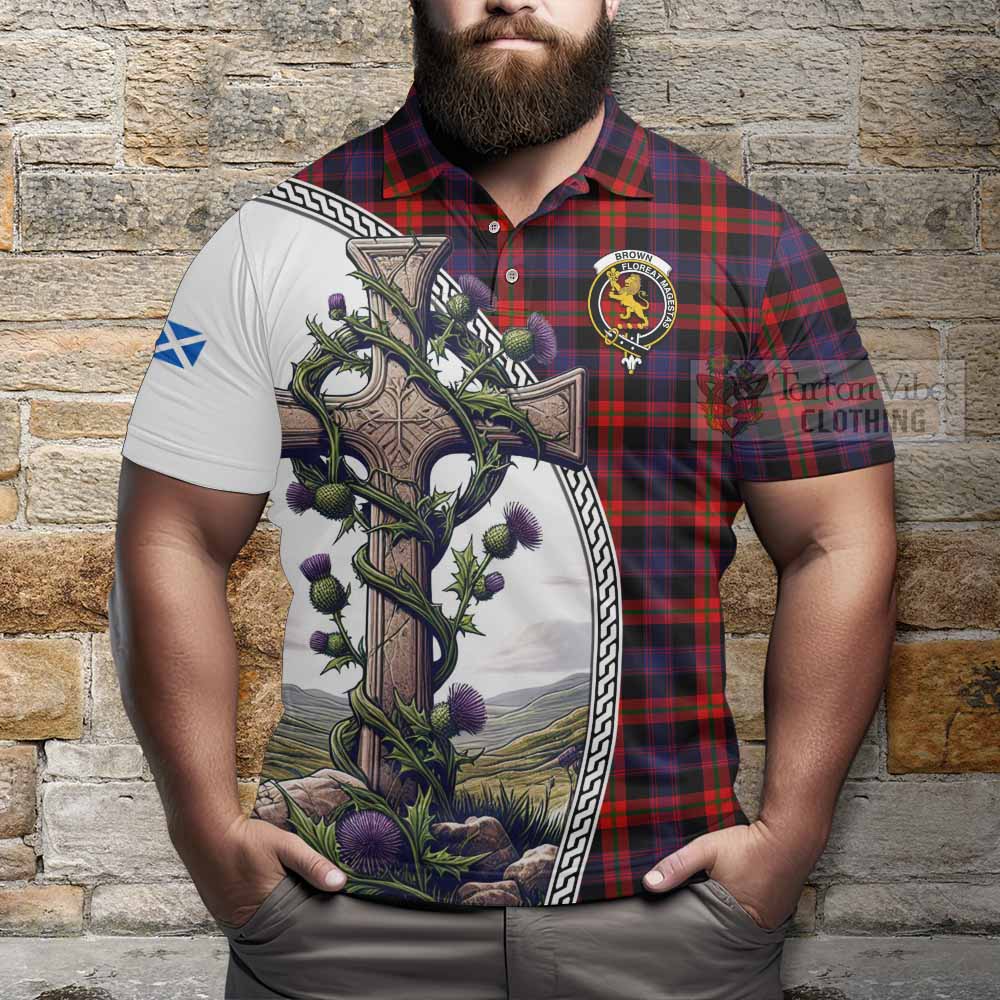 Tartan Vibes Clothing Brown (Broun) Tartan Polo Shirt with Family Crest and St. Andrew's Cross Accented by Thistle Vines