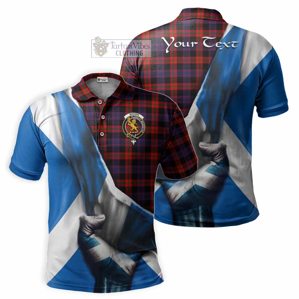 Tartan Vibes Clothing Brown (Broun) Tartan Polo Shirt with Family Crest Scotland Patriotic Style
