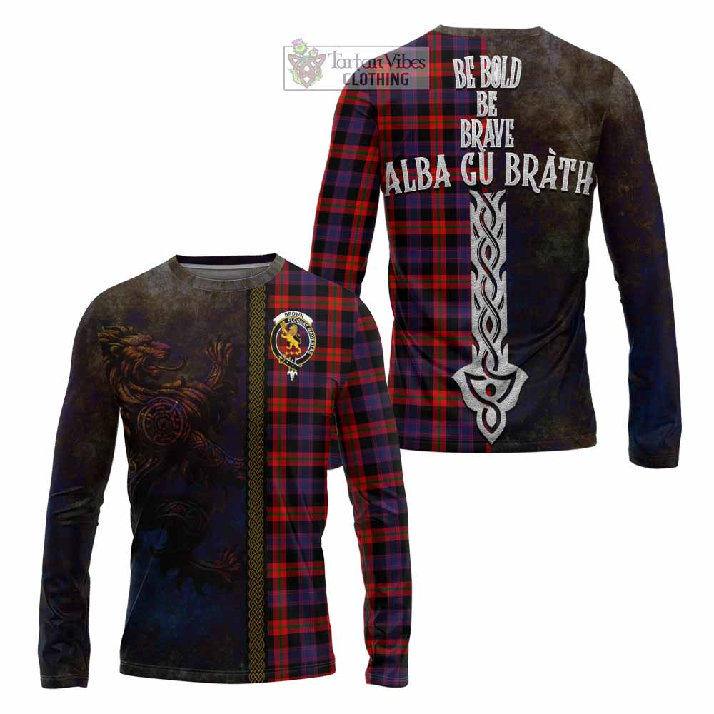 Tartan Vibes Clothing Brown (Broun) Tartan Family Crest Long Sleeve T-Shirt Alba Gu Brath Be Brave Lion Ancient Style