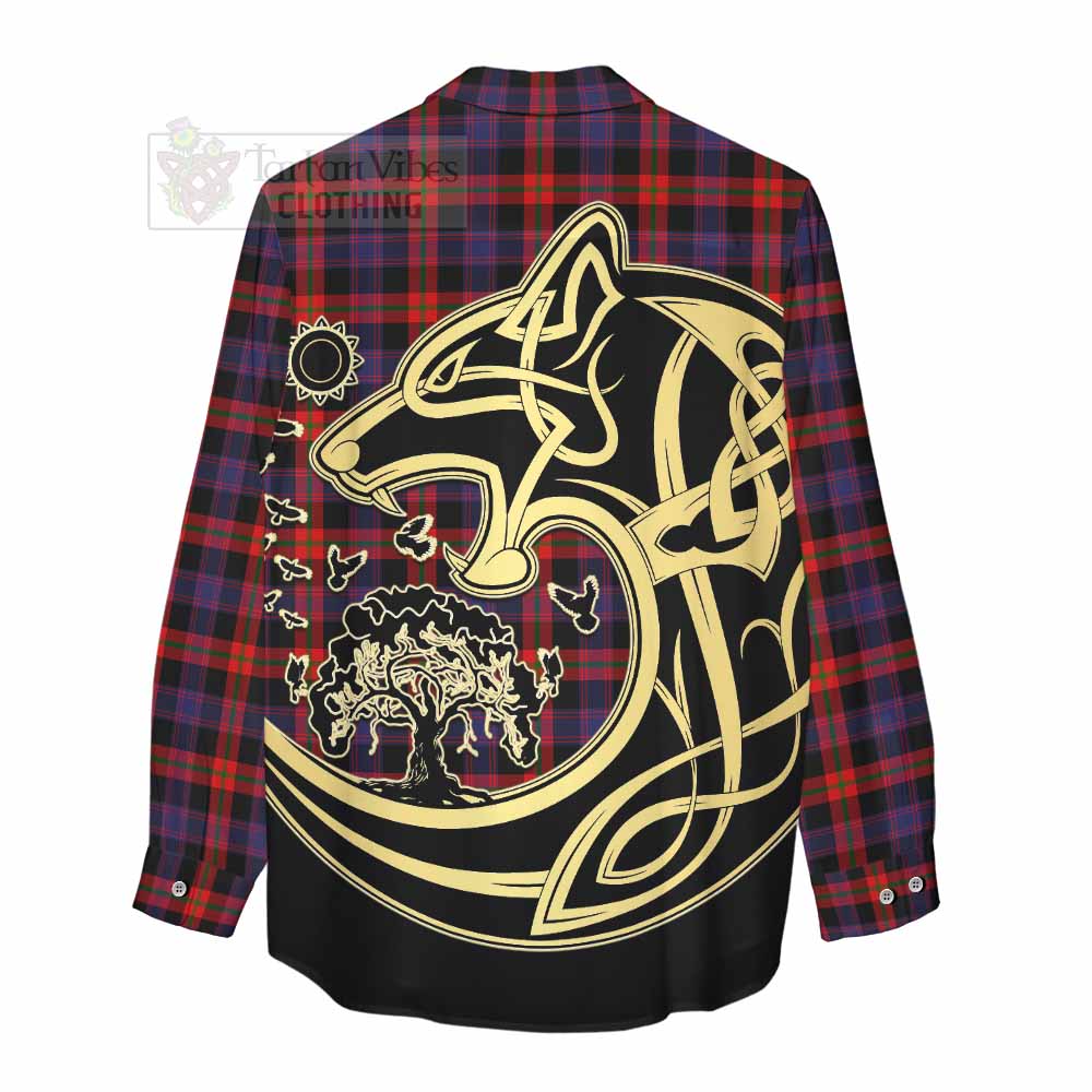 Tartan Vibes Clothing Brown (Broun) Tartan Women's Casual Shirt with Family Crest Celtic Wolf Style