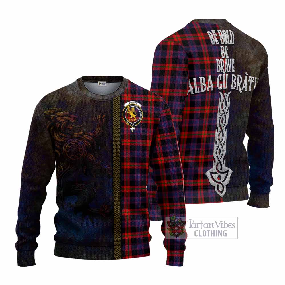 Tartan Vibes Clothing Brown (Broun) Tartan Family Crest Knitted Sweater Alba Gu Brath Be Brave Lion Ancient Style