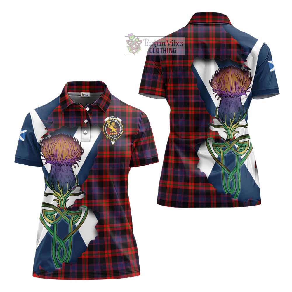 Tartan Vibes Clothing Brown (Broun) Tartan Family Crest Women's Polo Shirt Scottish Thistle Celtic Inspired