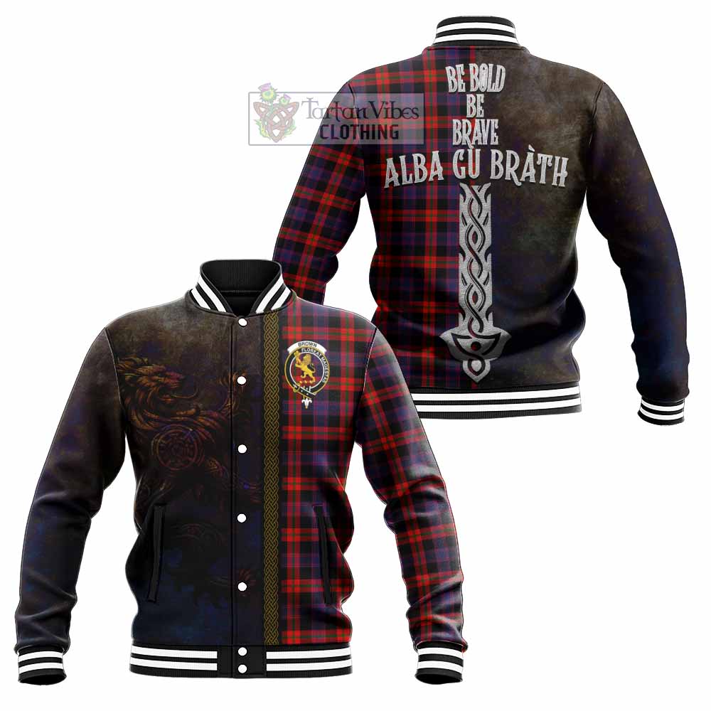 Tartan Vibes Clothing Brown (Broun) Tartan Family Crest Baseball Jacket Alba Gu Brath Be Brave Lion Ancient Style
