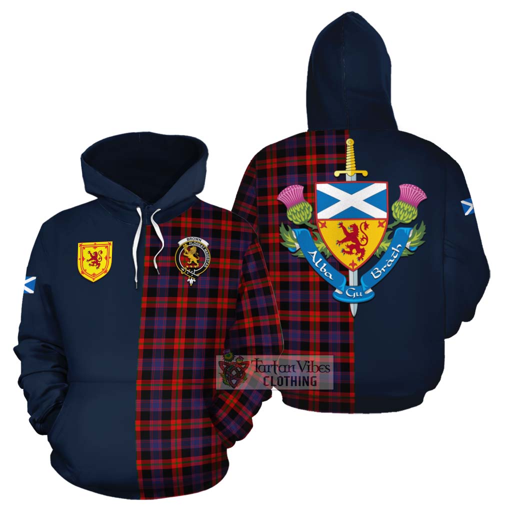 Tartan Vibes Clothing Brown (Broun) Tartan Cotton Hoodie Alba with Scottish Lion Royal Arm Half Style
