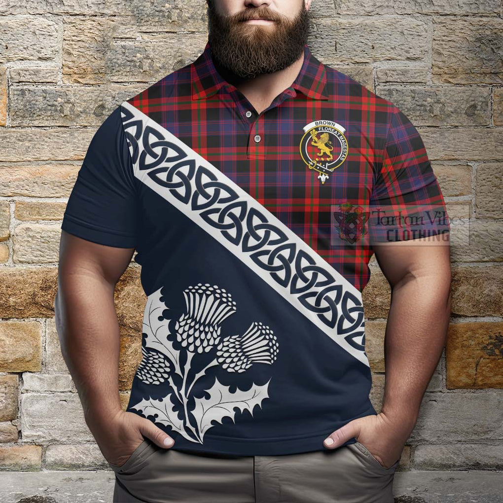 Brown (Broun) Tartan Polo Shirt Featuring Thistle and Scotland Map