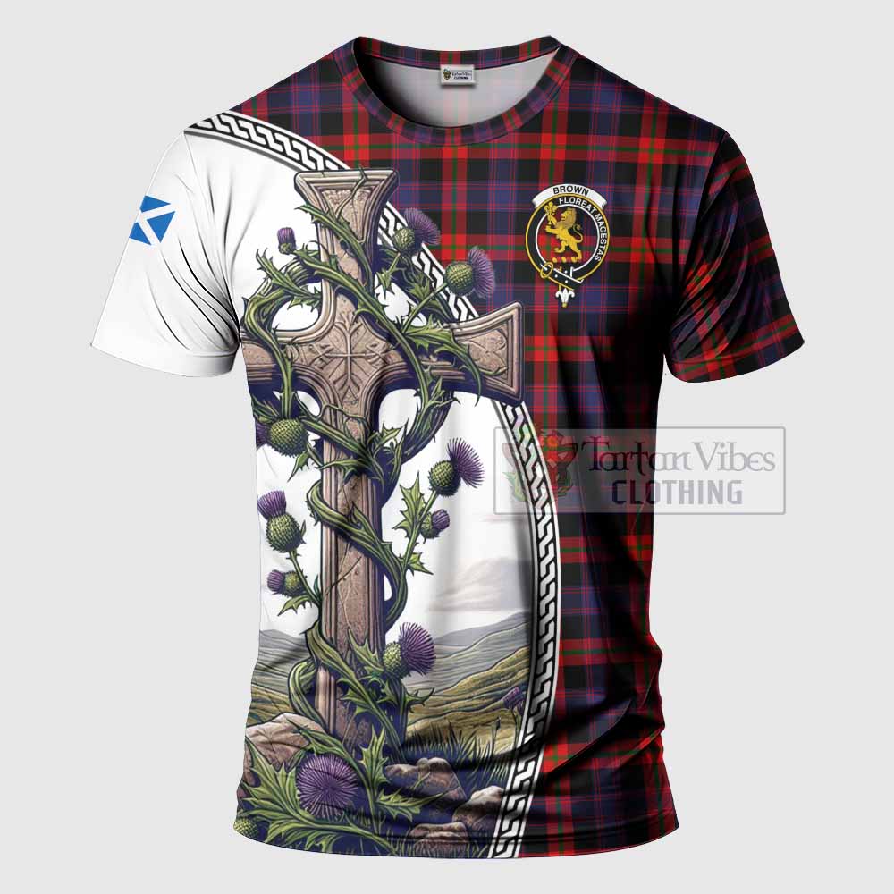 Tartan Vibes Clothing Brown (Broun) Agnew Tartan T-Shirt with Family Crest and St. Andrew's Cross Accented by Thistle Vines