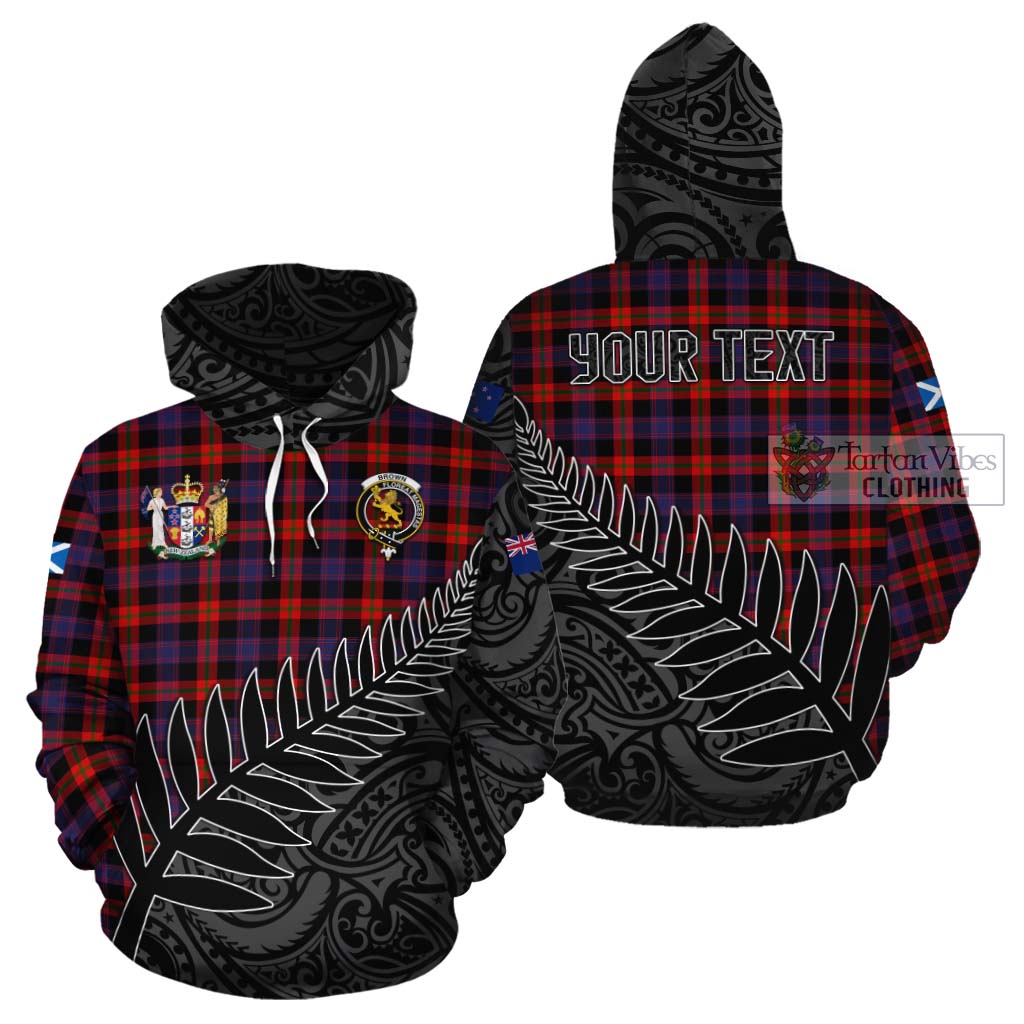 Tartan Vibes Clothing Brown (Broun) Crest Tartan Cotton Hoodie with New Zealand Silver Fern Half Style