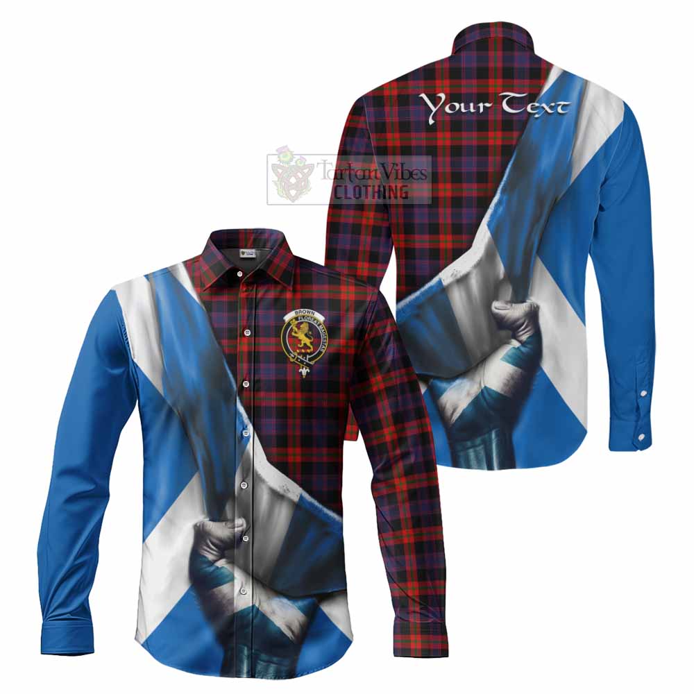 Tartan Vibes Clothing Brown (Broun) Tartan Long Sleeve Button Shirt with Family Crest Scotland Patriotic Style