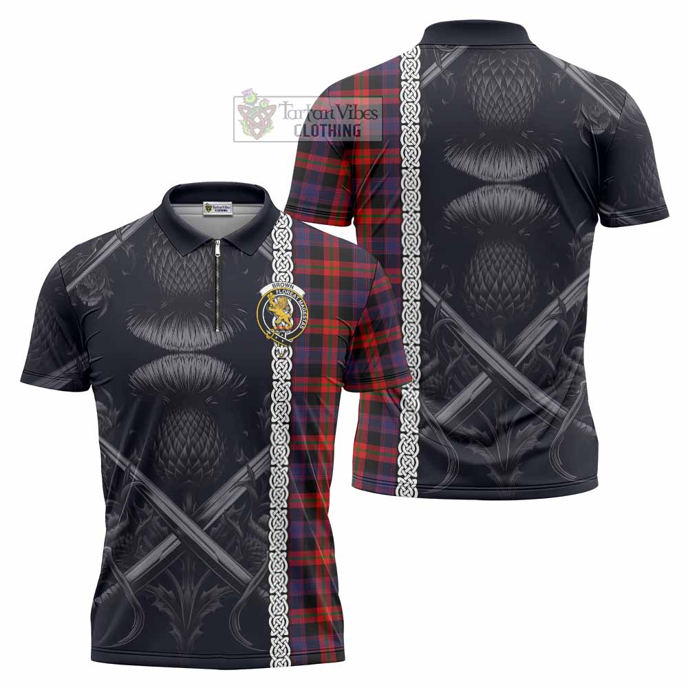 Tartan Vibes Clothing Brown (Broun) Tartan Zipper Polo Shirt with Family Crest Cross Sword Thistle Celtic Vibes