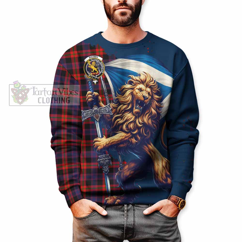 Tartan Vibes Clothing Brown (Broun) Tartan Family Crest Sweatshirt with Scottish Majestic Lion