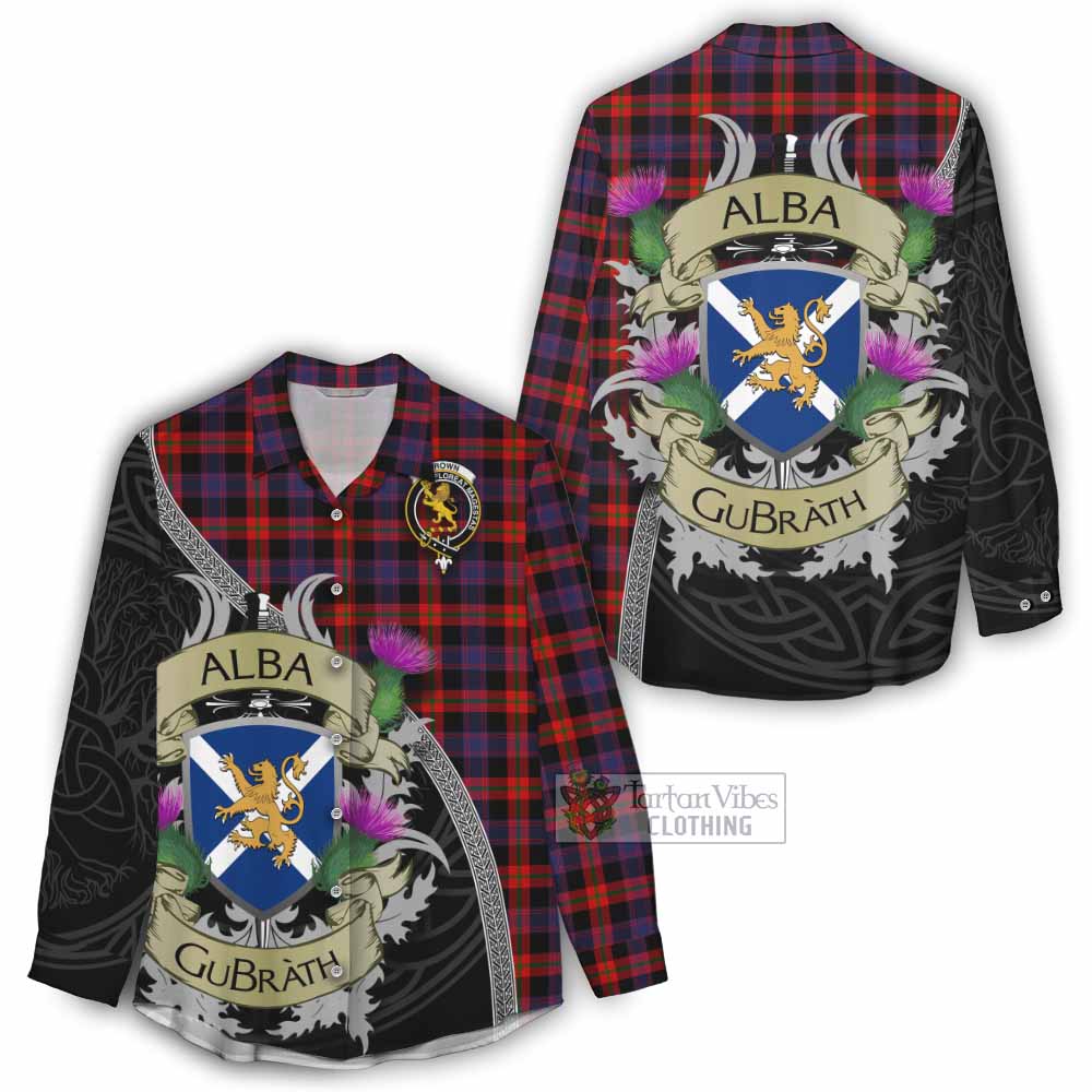Tartan Vibes Clothing Brown (Broun) Tartan Family Crest Women's Casual Shirt Lion Rampant Royal Thistle Shield Celtic Inspired