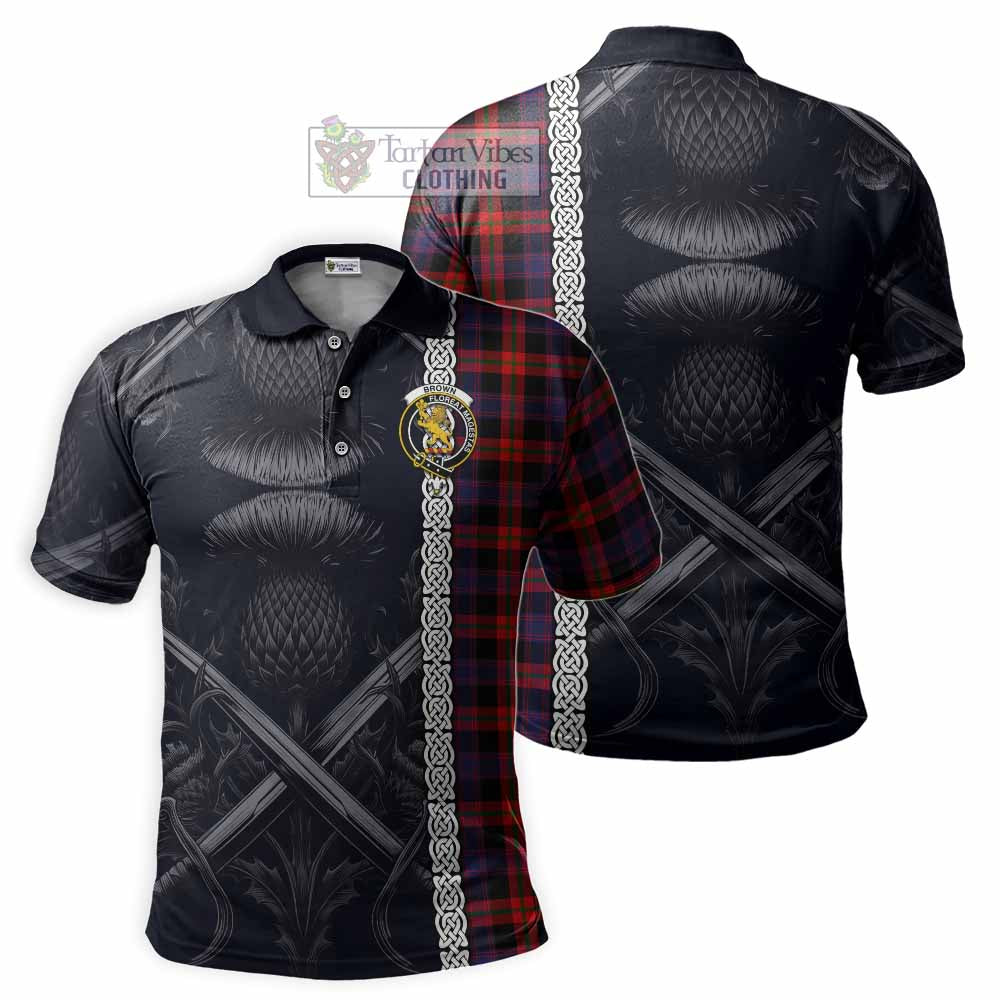 Tartan Vibes Clothing Brown (Broun) Tartan Polo Shirt with Family Crest Cross Sword Thistle Celtic Vibes