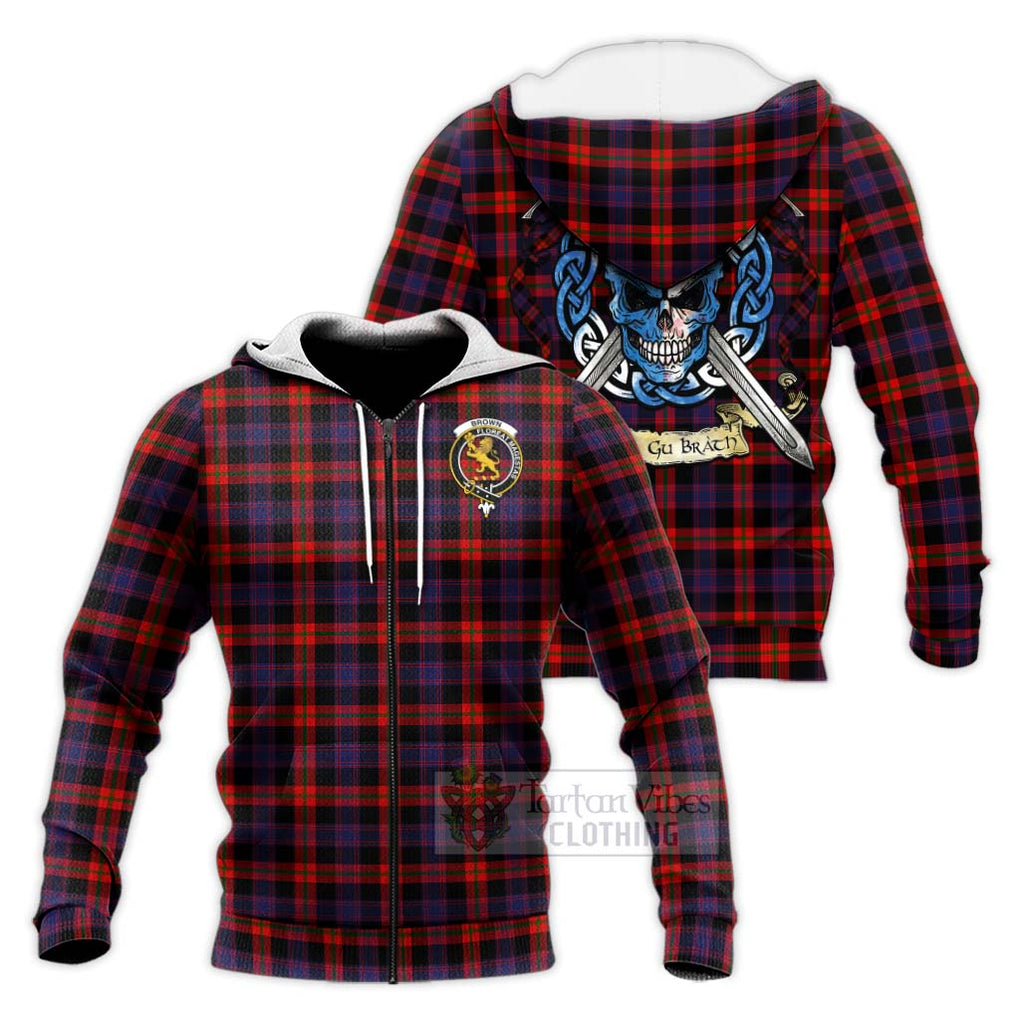 Tartan Vibes Clothing Brown (Broun) Tartan Knitted Hoodie with Family Crest Celtic Skull Style