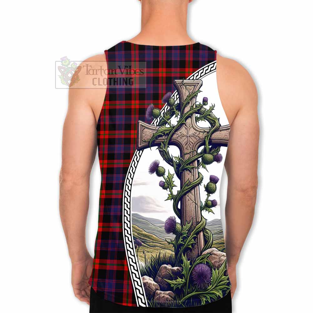 Tartan Vibes Clothing Brown (Broun) Tartan Men's Tank Top with Family Crest and St. Andrew's Cross Accented by Thistle Vines