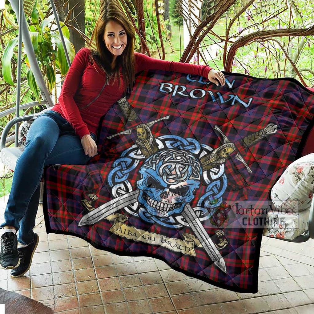 Tartan Vibes Clothing Brown (Broun) Tartan Quilt with Celtic Skull Alba Gu Brath Style