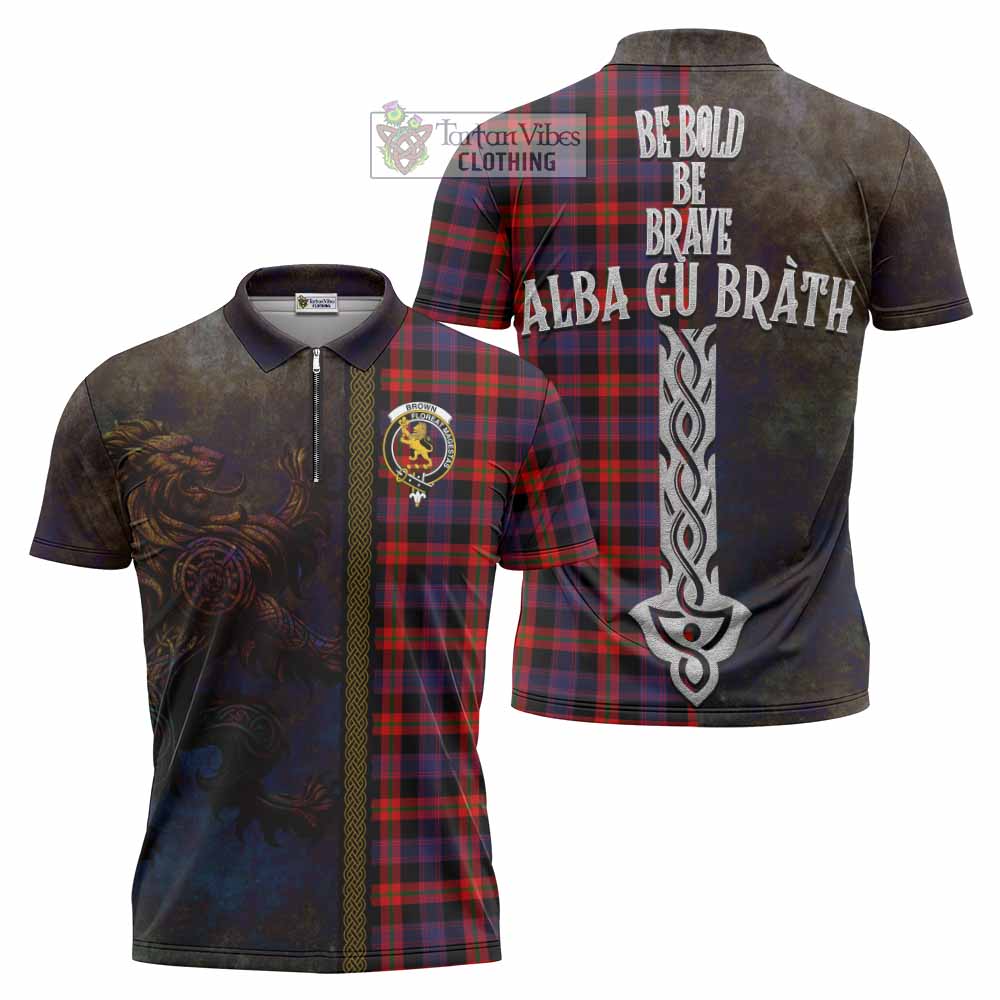 Tartan Vibes Clothing Brown (Broun) Tartan Family Crest Zipper Polo Shirt Alba Gu Brath Be Brave Lion Ancient Style
