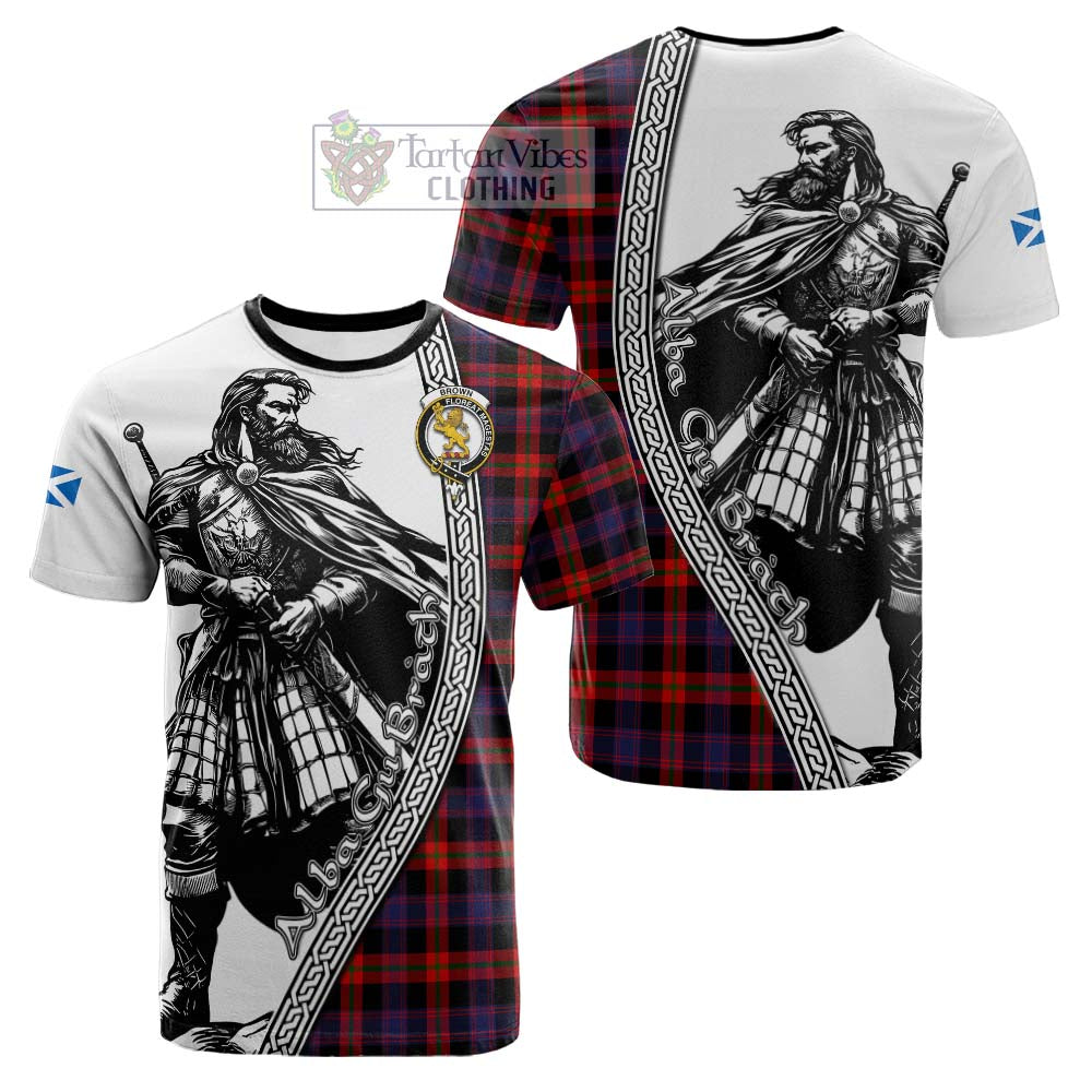 Brown (Broun) Tartan Clan Crest Cotton T-shirt with Highlander Warrior Celtic Style