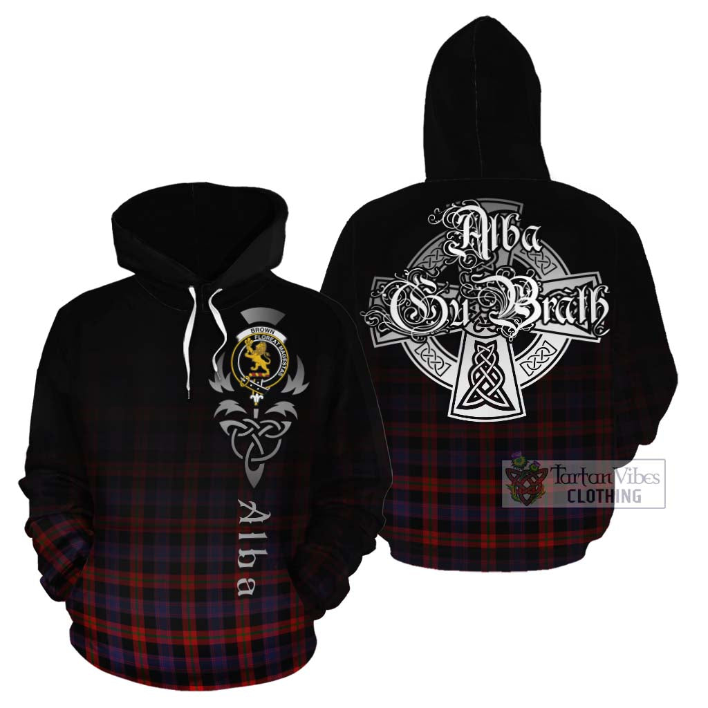 Tartan Vibes Clothing Brown (Broun) Tartan Cotton Hoodie Featuring Alba Gu Brath Family Crest Celtic Inspired