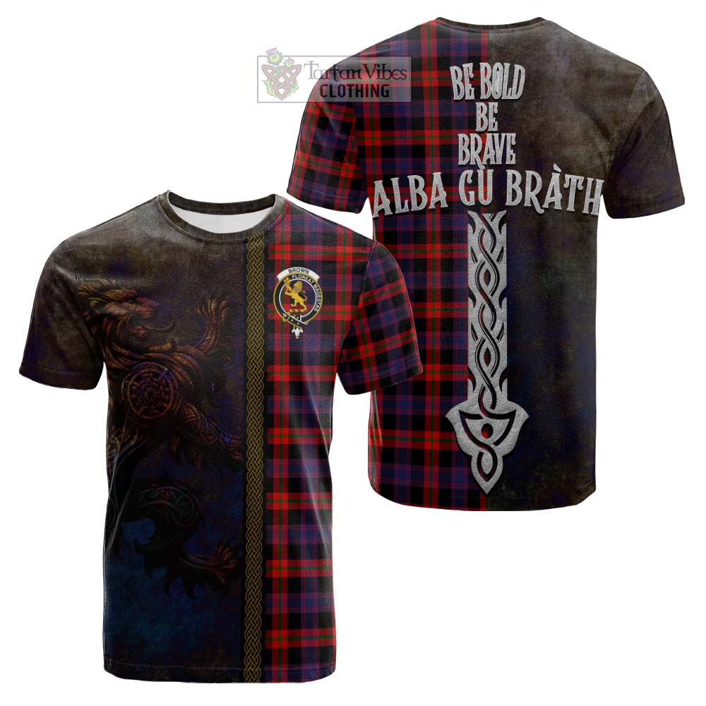 Tartan Vibes Clothing Brown (Broun) Tartan Family Crest Cotton T-shirt Alba Gu Brath Be Brave Lion Ancient Style