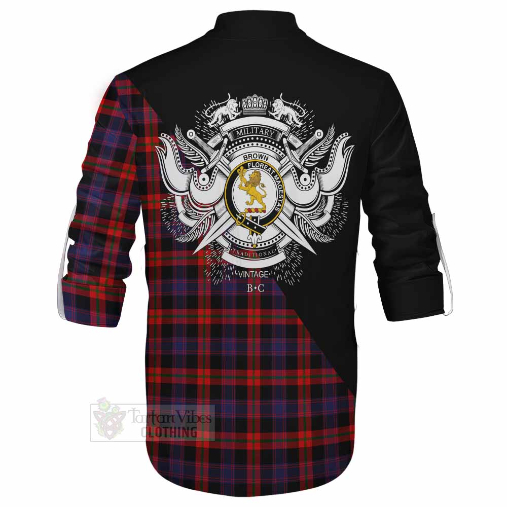 Tartan Vibes Clothing Brown (Broun) Tartan Ghillie Kilt Shirt with Family Crest and Military Logo Style