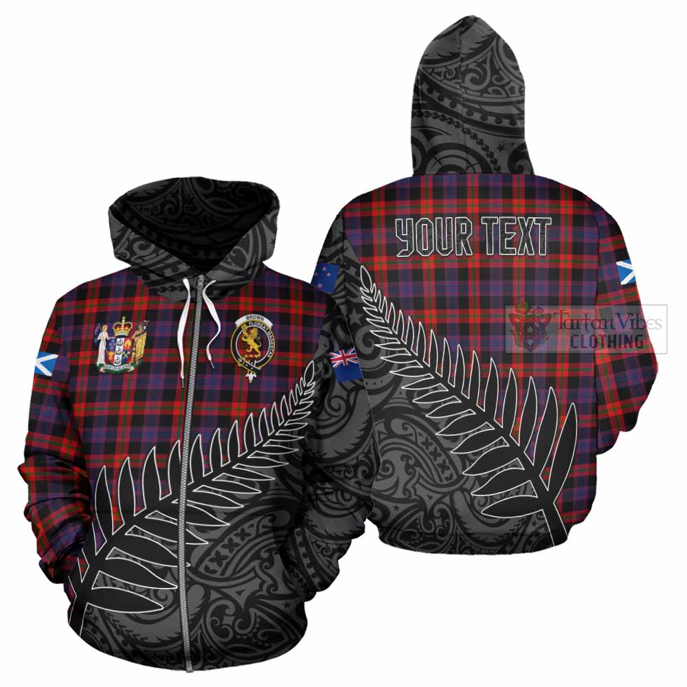 Tartan Vibes Clothing Brown (Broun) Crest Tartan Hoodie with New Zealand Silver Fern Half Style