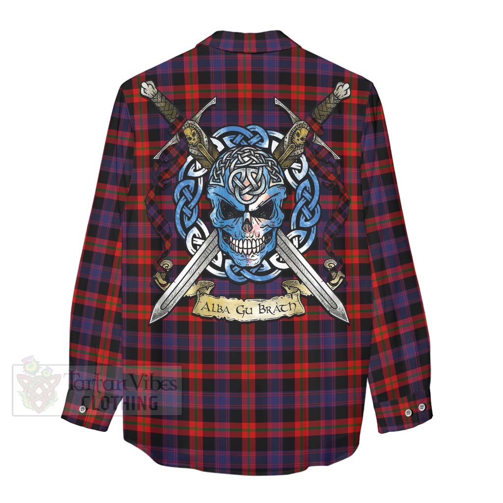 Tartan Vibes Clothing Brown (Broun) Tartan Women's Casual Shirt with Family Crest Celtic Skull Style