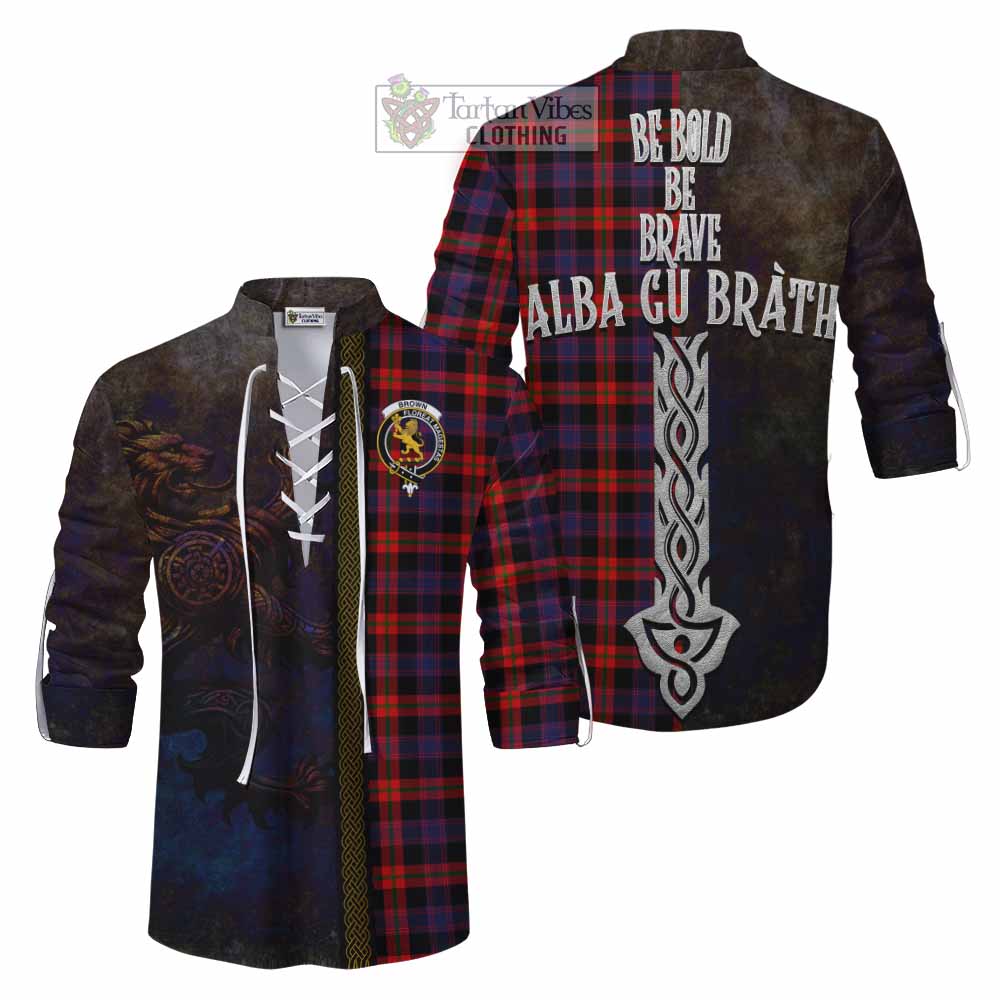 Tartan Vibes Clothing Brown (Broun) Tartan Family Crest Ghillie Kilt Shirt Alba Gu Brath Be Brave Lion Ancient Style