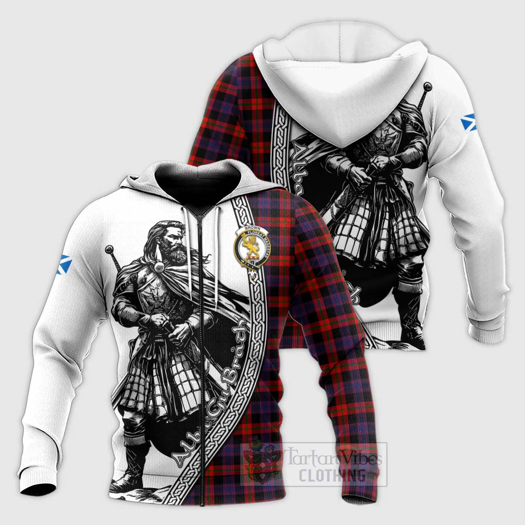 Brown (Broun) Tartan Clan Crest Knitted Hoodie with Highlander Warrior Celtic Style Unisex Knitted Zip Hoodie - Tartan Vibes Clothing