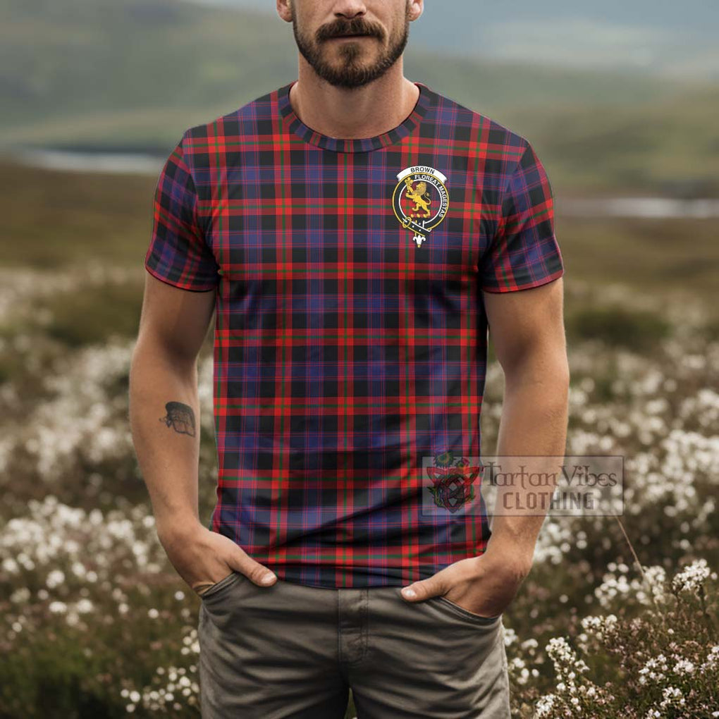 Tartan Vibes Clothing Brown (Broun) Tartan T-Shirt with Family Crest and Bearded Skull Holding Bottles of Whiskey
