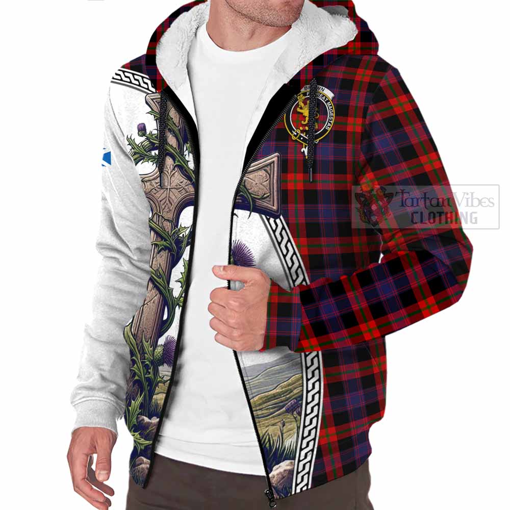 Tartan Vibes Clothing Brown (Broun) Tartan Sherpa Hoodie with Family Crest and St. Andrew's Cross Accented by Thistle Vines