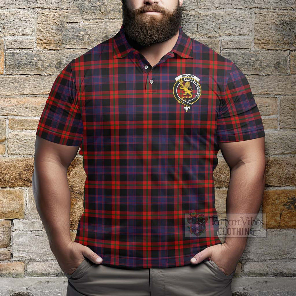 Tartan Vibes Clothing Brown (Broun) Tartan Polo Shirt with Family Crest and Bearded Skull Holding Bottles of Whiskey