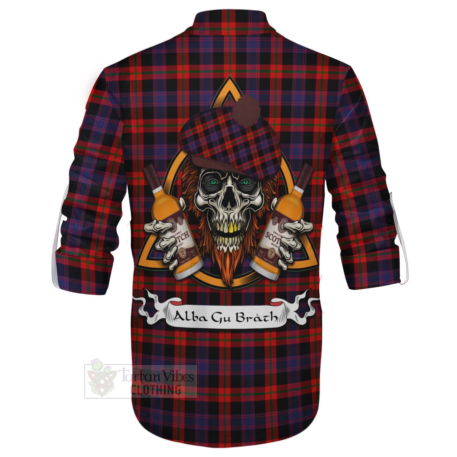Tartan Vibes Clothing Brown (Broun) Tartan Ghillie Kilt Shirt with Family Crest and Bearded Skull Holding Bottles of Whiskey
