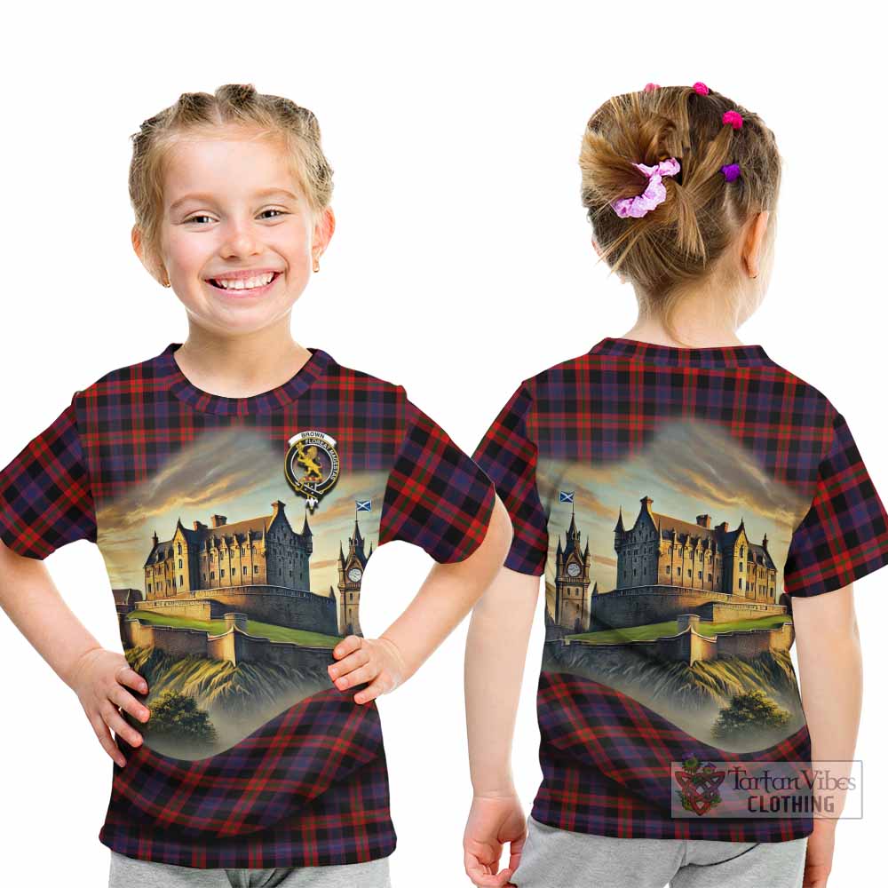 Tartan Vibes Clothing Brown (Broun) Tartan Family Crest Kid T-Shirt with Scottish Ancient Castle Style