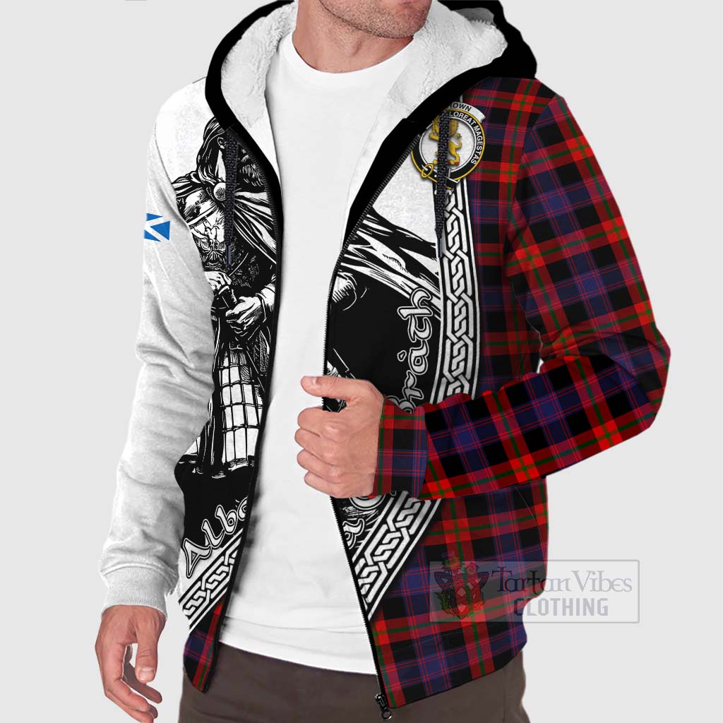 Tartan Vibes Clothing Brown (Broun) Tartan Clan Crest Sherpa Hoodie with Highlander Warrior Celtic Style